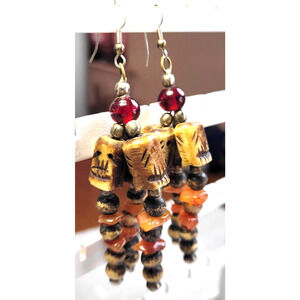 Ethnic Earrings Native Carved Skull Mala Tribal Agate Chips Dangle Boho Goth 4"